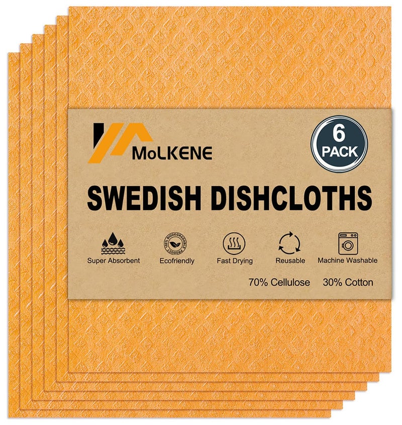 MoLKENE Swedish Dishcloths for Kitchen | 6 Pack Absorbent Cellulose Sponge Cloths Washable | Non-Scratch Reusable Paper Towels Quick Drying Cleaning Cloths - Orange - Image 1